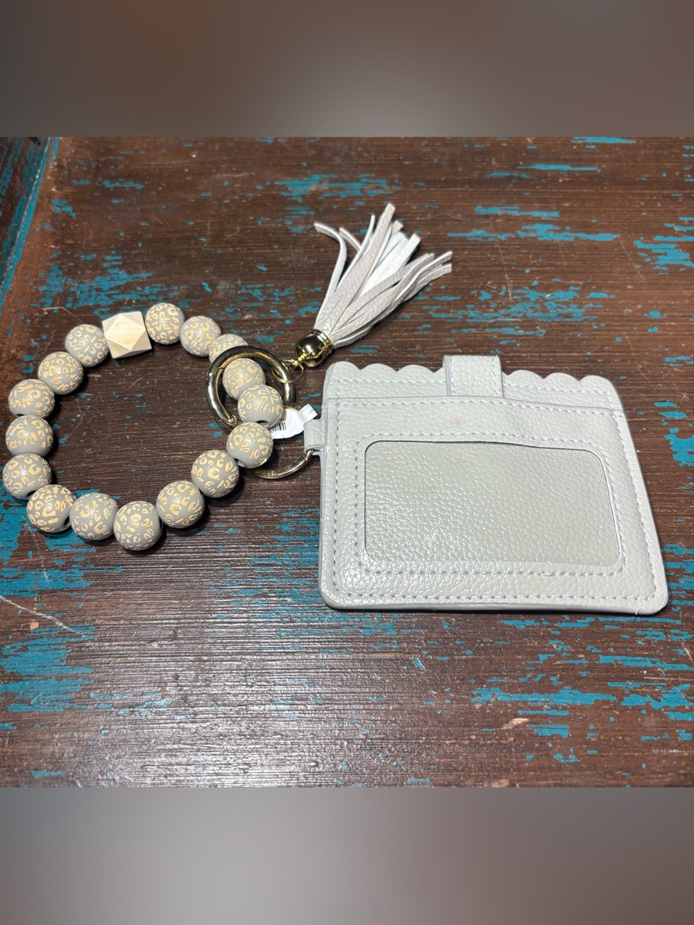 New Leather Tassel Card Holder Wristlet in Light Gray